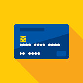 Vector illustration of the front of a blue credit card against a yellow background in flat style.