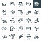 A set of credit card icons that include editable strokes or outlines using the EPS vector file. The icons include a credit card, a hand holding a credit card, a credit card and mobile phone, credit card approval, online shopper holding a credit card, paying with a credit card, credit card security, person handing another person a credit card, credit card reader, hand swiping a credit card, person paying at restaurant with credit card, credit card and wallet, shopper holding a credit card, credit card debt and a tablet PC and a credit card to name a few.