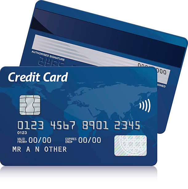Credit card Realistic blue credit card front and back on white background. credit card stock illustrations
