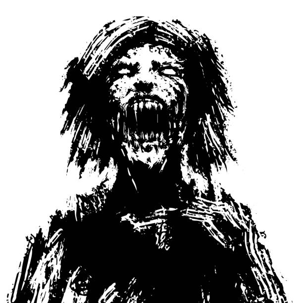 Creepy zombie woman head. Vector illustration. Creepy zombie woman head. Black and white colors. Vector illustration. demon fictional character stock illustrations