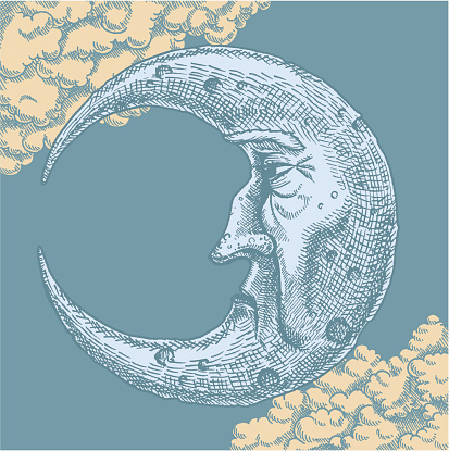 Crescent Moon Face Vintage Drawing