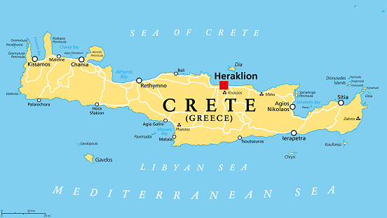 Crete, Greek island, political map, with capital Heraklion