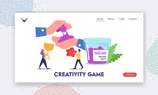 Cretivity Game Landing Page Template. Tiny Children Characters with Forms for Playing with Kinetic Magic Sand Having Fun