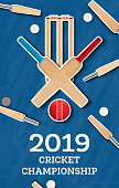 Cricket 2019 Flyer. Player Bat and Ball. Cricket Sports Background. Vector Illustration.