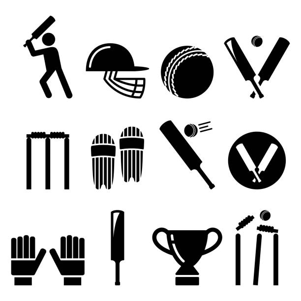illustrazioni stock, clip art, cartoni animati e icone di tendenza di mazza da cricket, uomo che gioca a cricket, attrezzatura da cricket - set icone sportive - pioli
