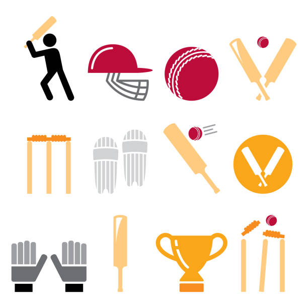 illustrazioni stock, clip art, cartoni animati e icone di tendenza di mazza da cricket, uomo che gioca a cricket, attrezzatura da cricket - set di icone vettoriali sportive - pioli