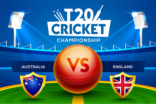 T20 Cricket Championship concept Australia vs England match header or banner with cricket ball on stadium background.