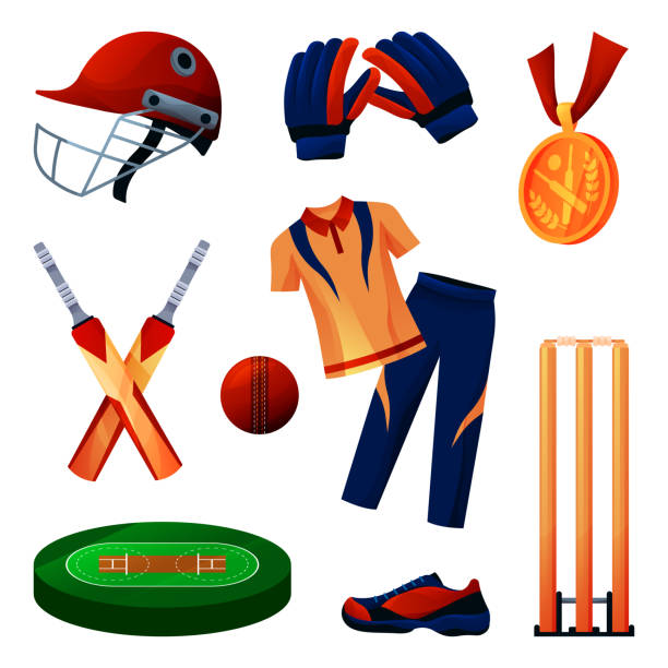 illustrazioni stock, clip art, cartoni animati e icone di tendenza di set di attrezzature da cricket e abbigliamento sportivo, strumento giocatori - pioli