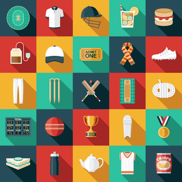 illustrazioni stock, clip art, cartoni animati e icone di tendenza di set di icone cricket - pioli