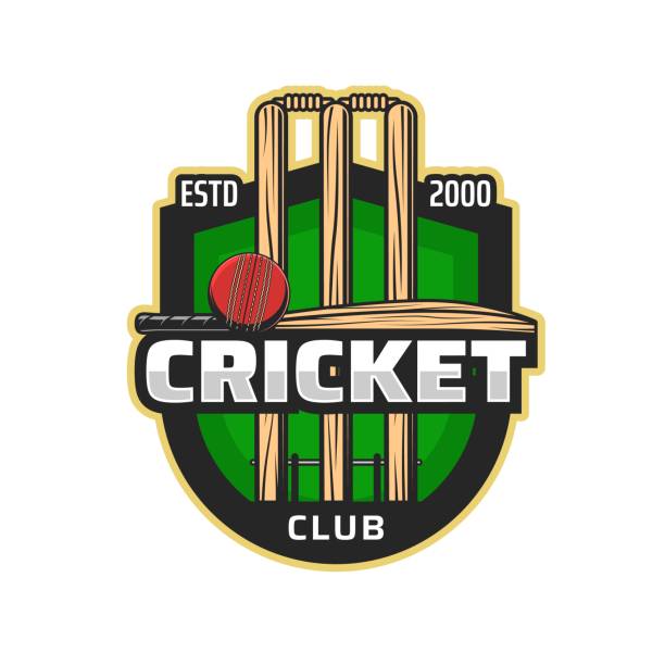 illustrazioni stock, clip art, cartoni animati e icone di tendenza di icona del club sportivo di cricket. palla, pipistrelli e wickets - pioli