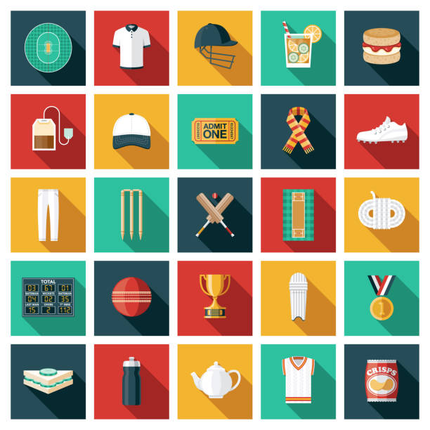 illustrazioni stock, clip art, cartoni animati e icone di tendenza di set di icone cricket sport - pioli
