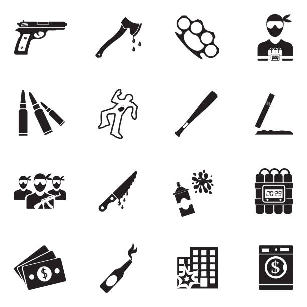 Crime Icons. Black Flat Design. Vector Illustration. Criminal, Vandalism, Riot, Unrest, Weapons, Gang murder stock illustrations
