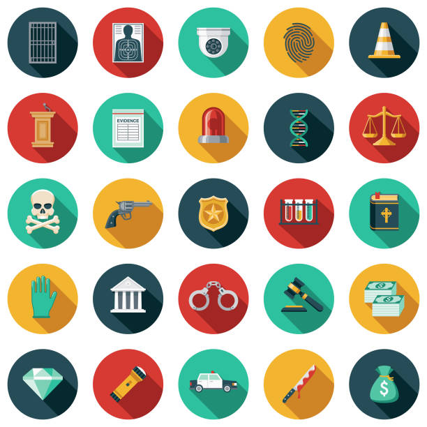 A set of flat design styled law, crime and punishment icons with a long side shadow. Color swatches are global so it’s easy to edit and change the colors.