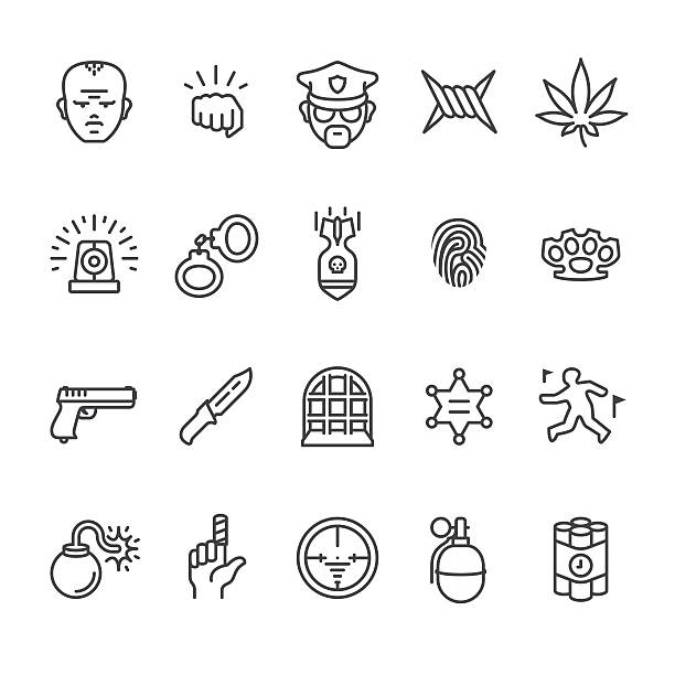 Crime related vector icons Serious crimes interface related vector icons. gun violence stock illustrations