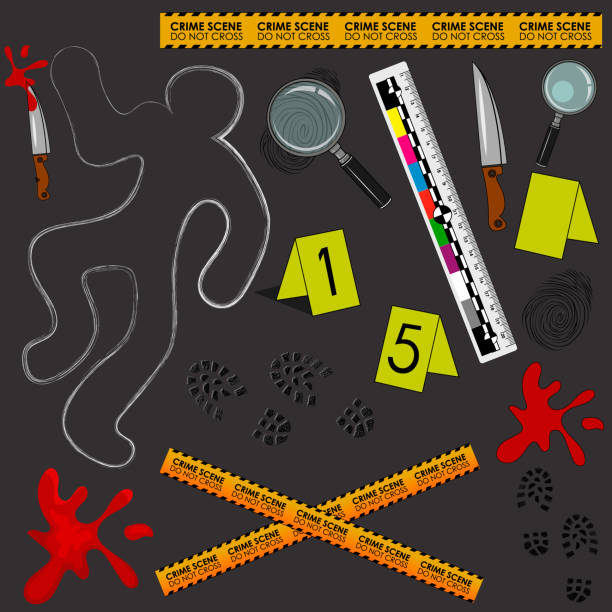 Crime scene. Do not cross. Illustration of a murder scene with detective tools and evidence. The outline of the corpse with chalk, a knife with blood, a tape for the fence.  crime scene stock illustrations