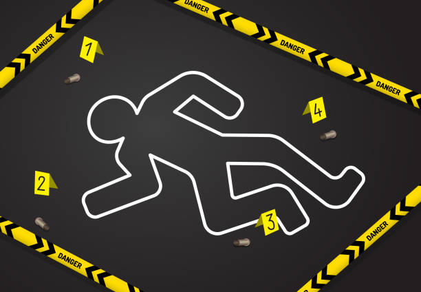 Crime scene, do not cross police tape. Chalk outline from the murder Crime scene, do not cross police tape. Chalk outline from the murder scene, circled the body, and there are marks near the evidence of the gun shells. Place of murder crime scene stock illustrations