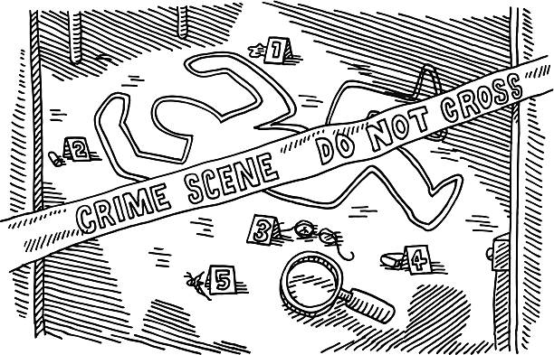 Crime Scene Murder Drawing Hand-drawn vector drawing of a Murder Crime Scene. Black-and-White sketch on a transparent background (.eps-file). Included files are EPS (v10) and Hi-Res JPG. crime scene stock illustrations