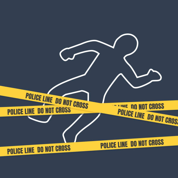 Crime scene with body outline. Police line do not cross tape vector art illustration
