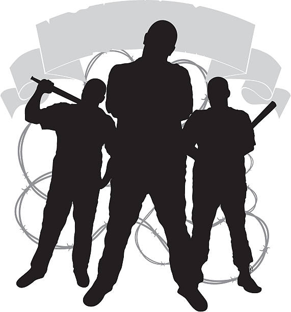 criminal clan emblem 3 male threatening silhouette on the background of the flag and barbed wire gang stock illustrations