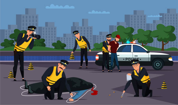 Criminal detention and road murder investigation Police officer characters guards. Criminal detention. Murder on road investigation. Victim traced on round with blood. Policeman outlining corpse with chalk. Crime cartoon scene. Vector illustration murder stock illustrations