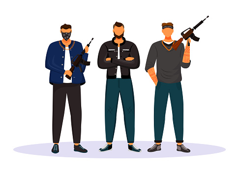 Criminal gang flat color vector faceless character. Group of gangsters, armed terrorists. Mob, syndicate. Mafia. Organized crime isolated cartoon illustration for web graphic design and animation