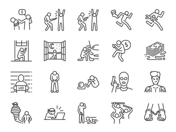 Criminal line icon set. Included the icons as outlaw, crime, homicide, arrest, prisoner and more. Criminal line icon set. Included the icons as outlaw, crime, homicide, arrest, prisoner and more. murder stock illustrations