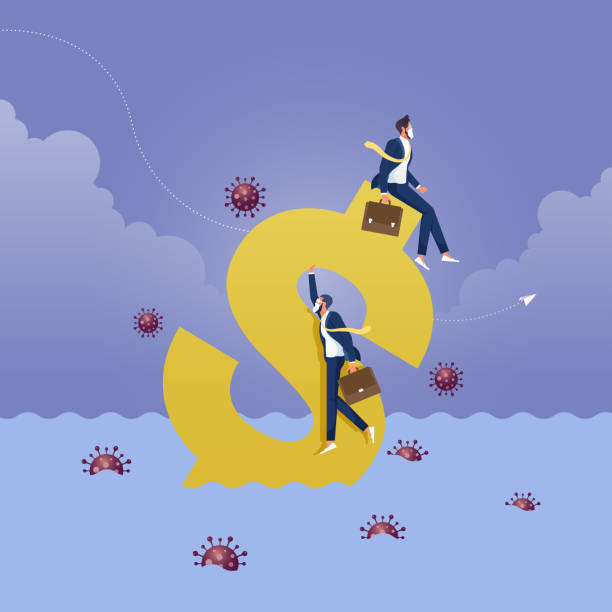Crisis from COVID-19 Coronavirus or recession economy and financial crash concept Businessman sitting on US Dollar sign sinking into ocean with virus pathogen congressional country club stock illustrations