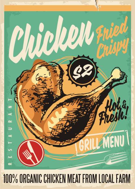 ilustrações, clipart, desenhos animados e ícones de projeto retro do menu do restaurante dos pés de galinha fritado crocante com desenho artístico da mão - lanchonete