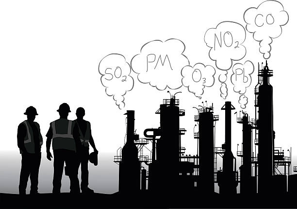 Criteria Pollutants Infographic A vector silhouette illustration of a processing plant and the workers beside it.  From the pipes are emissions coulds with the names of chemicals on them. factory silhouettes stock illustrations