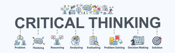 Critical thinking banner web icon for problem solving, creative, thinking, reasoning, analyzing, decision making and solution. Minimal vector cartoon infographic. Critical thinking banner web icon for problem solving, creative, thinking, reasoning, analyzing, decision making and solution. Minimal vector cartoon infographic. outside the box stock illustrations