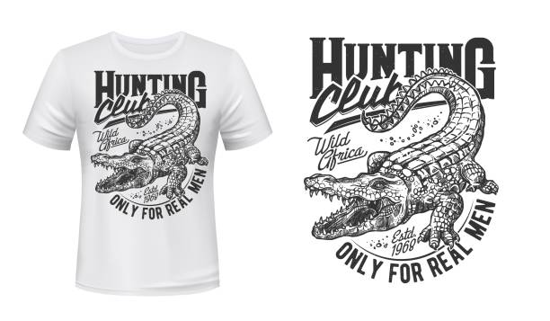Crocodile or alligator hunt t-shirt vector print Crocodile or alligator t-shirt vector print. Nile crocodile with opened toothy maw, angry reptile engraved illustration and typography. Hunting club, african trophy hunt apparel custom print template alligator stock illustrations