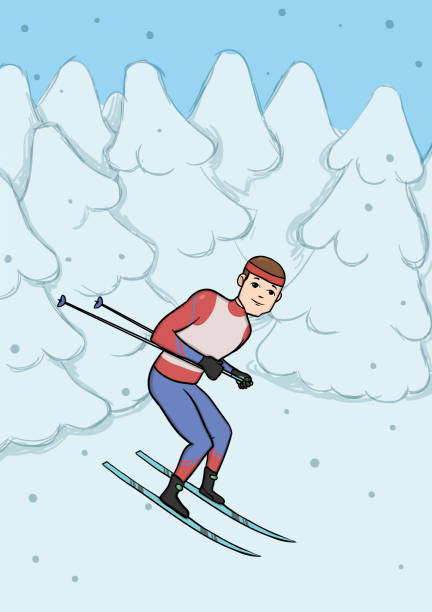 bildbanksillustrationer, clip art samt tecknat material och ikoner med cross country skidåkning, vinter sport. ung man med skidor i snön täckte skog. vektorillustration. - cross country skiing