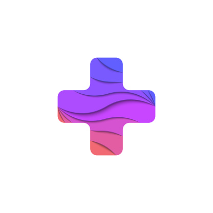 Cross shape logo, emblem for a medical institution or clinic, cut out waves layers of paper overlapping each other