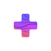 istock Cross shape logo, emblem for a medical institution or clinic, cut out waves layers of paper overlapping each other 1205892237