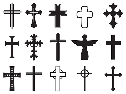 Vector illustration of fifteen different religious cross symbols.