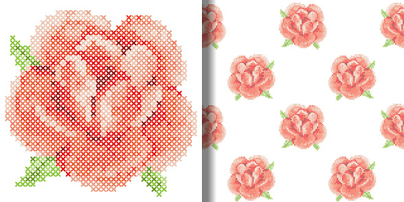 Cross Stitch Red Rose print and seamless pattern