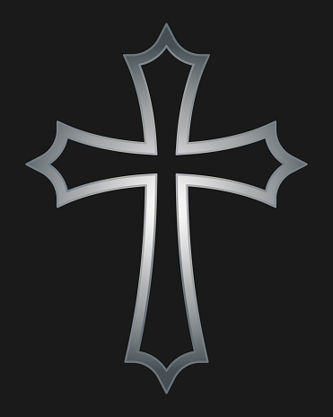 Cross vector shape symbol. Christianity sign. Christian religion icon. Metal silver color. Catholic and protestant faith logo or image. Teutonic crusader label. Gothic crusade iron crucifix.