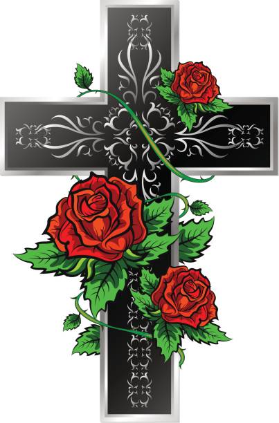Cross with ornament and roses Cross with ornament and roses design for vector religious cross borders stock illustrations