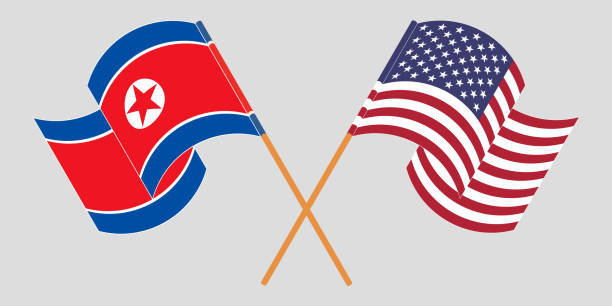 交叉和揮舞北韓和美國的旗幟。 - north korea 幅插畫檔、美工圖案、卡通及圖標
