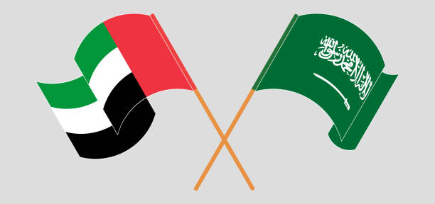 skrzyżowane i wymachujące flagami zjednoczonych emiratów arabskich i królestwa arabii saudyjskiej - uae flag stock illustrations
