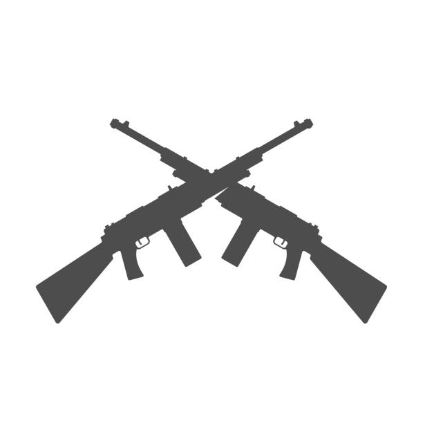 Crossed Assault Rifles - Vector Illustration Black Silhouette. Military Equipment concept. gun violence stock illustrations