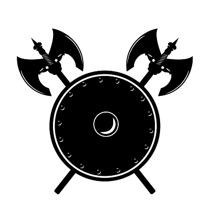 crossed battle axes and round shield heraldic vector design