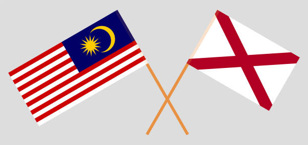 ilustraciones, imágenes clip art, dibujos animados e iconos de stock de banderas cruzadas de malasia y el estado de alabama. colores oficiales. proporción correcta - alabama football