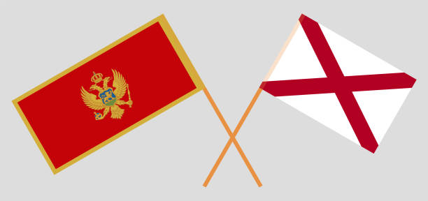 ilustraciones, imágenes clip art, dibujos animados e iconos de stock de banderas cruzadas de montenegro y el estado de alabama. colores oficiales. proporción correcta - alabama football