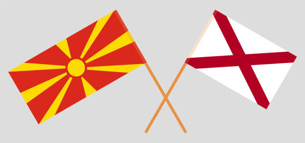 ilustraciones, imágenes clip art, dibujos animados e iconos de stock de banderas cruzadas de macedonia del norte y el estado de alabama. colores oficiales. proporción correcta - alabama football