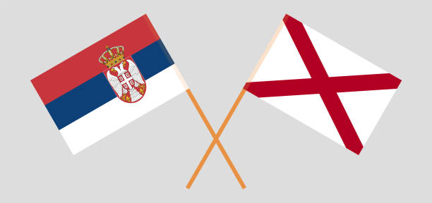 ilustraciones, imágenes clip art, dibujos animados e iconos de stock de banderas cruzadas de serbia y el estado de alabama. colores oficiales. proporción correcta - alabama football