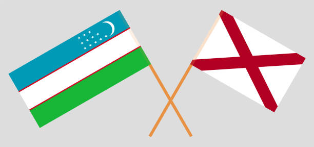 ilustraciones, imágenes clip art, dibujos animados e iconos de stock de banderas cruzadas de uzbekistán y el estado de alabama. colores oficiales. proporción correcta - alabama football