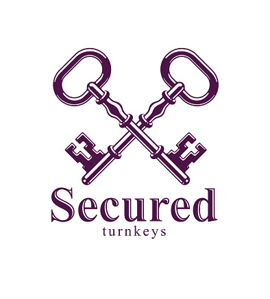 Crossed keys, vintage antique turnkeys vector logo or emblem, protected secret, electronic data protection, keys to heaven, hotel label, keep secret.