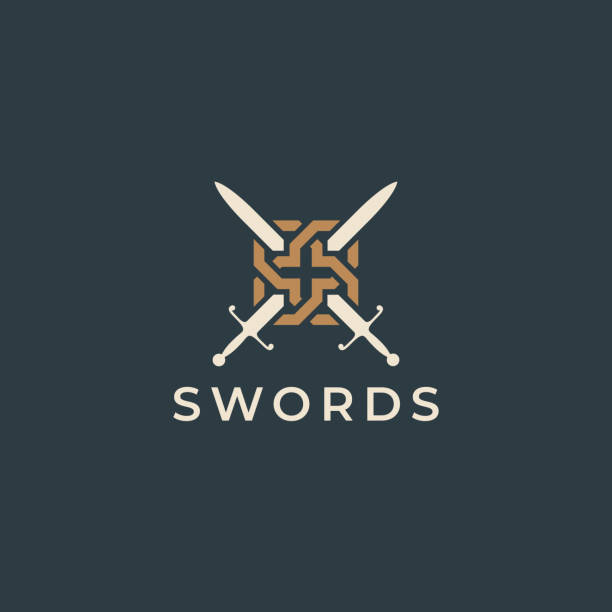 Crossed swords illustration icon. Sword crests. Vector heraldry design. Crossed swords illustration icon. Sword crests. Vector heraldry design. metal silhouettes stock illustrations