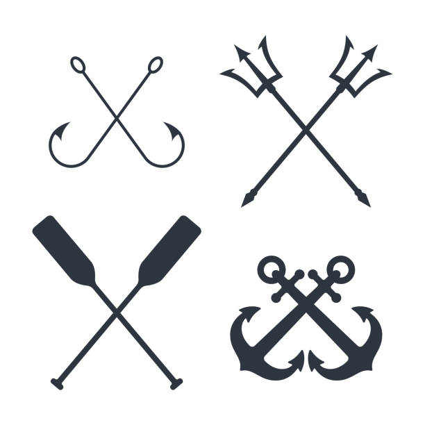 Crossed Maritime symbols graphic set. Crossed signs of nautical topic isolated on white background. Vector illustration trident spear stock illustrations